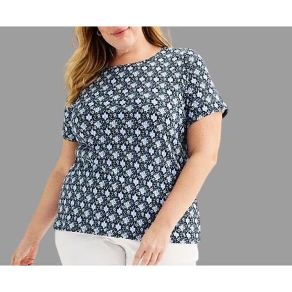 Women's 5X T-shirt Croft & Barrow Short Sleeve Crew Neck Navy Floral Cotton - Picture 1 of 1